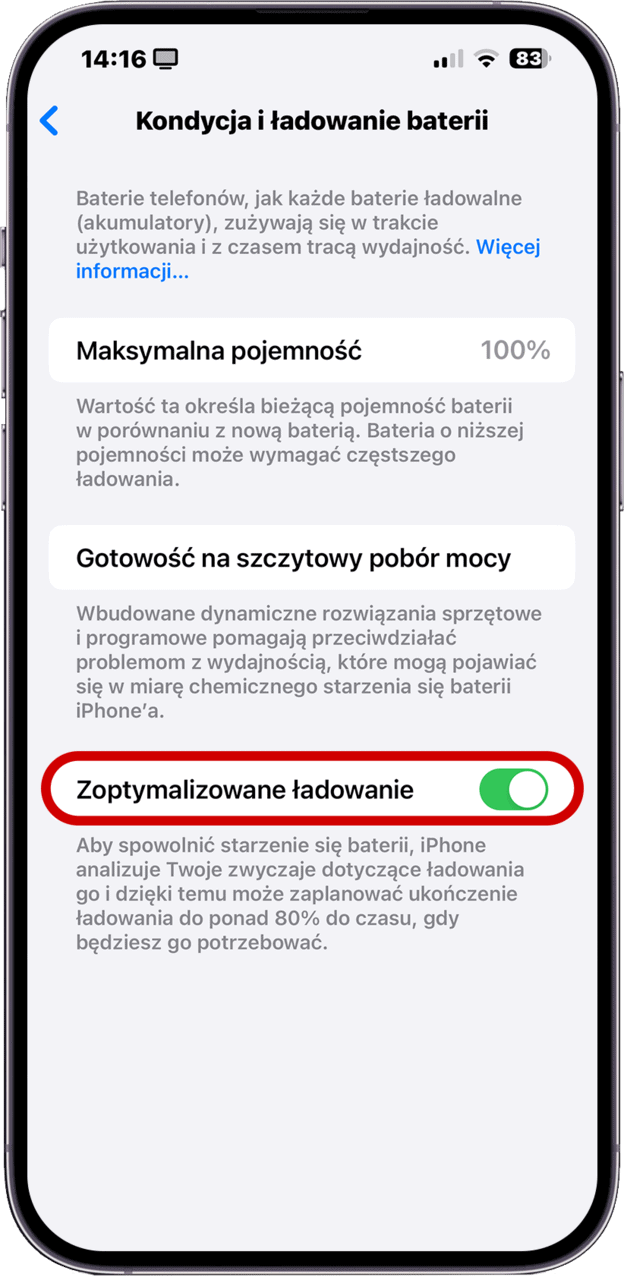 ustawienia bateria kondycja i ladowanie baterii