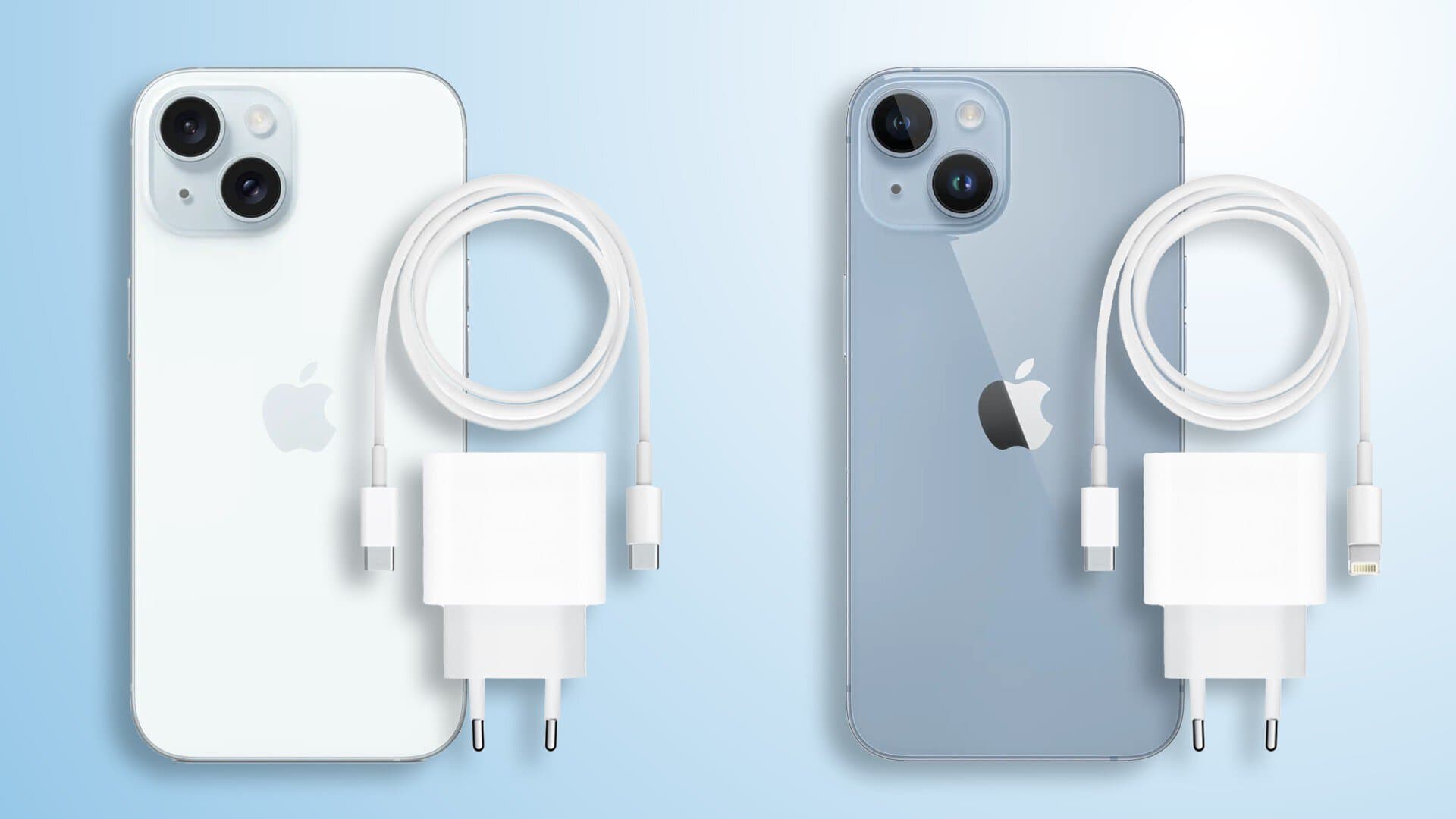 iPhone i ładowarka na niebieskim tle.