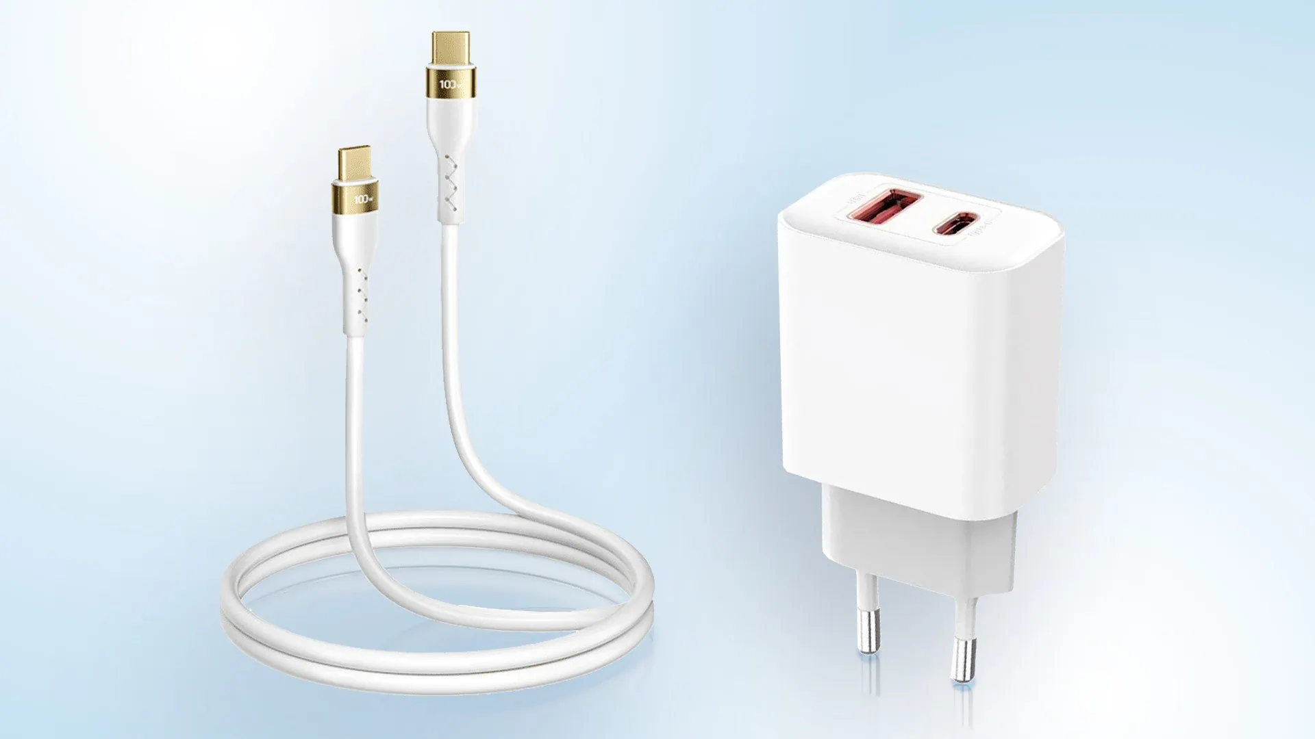 Biały USB-C kabel i sieciowa ładowarka.