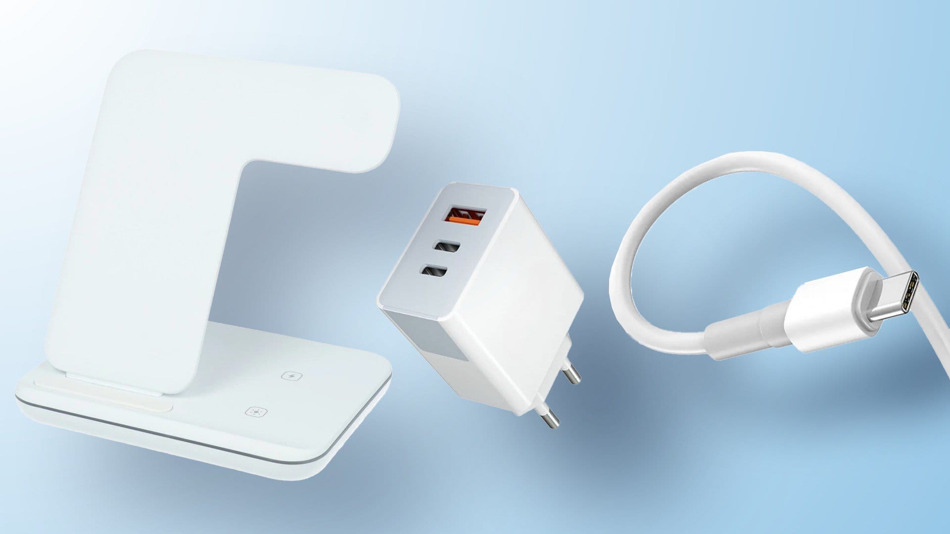 Ładowarka bezprzewodowa i USB-C z adapterem sieciowym.