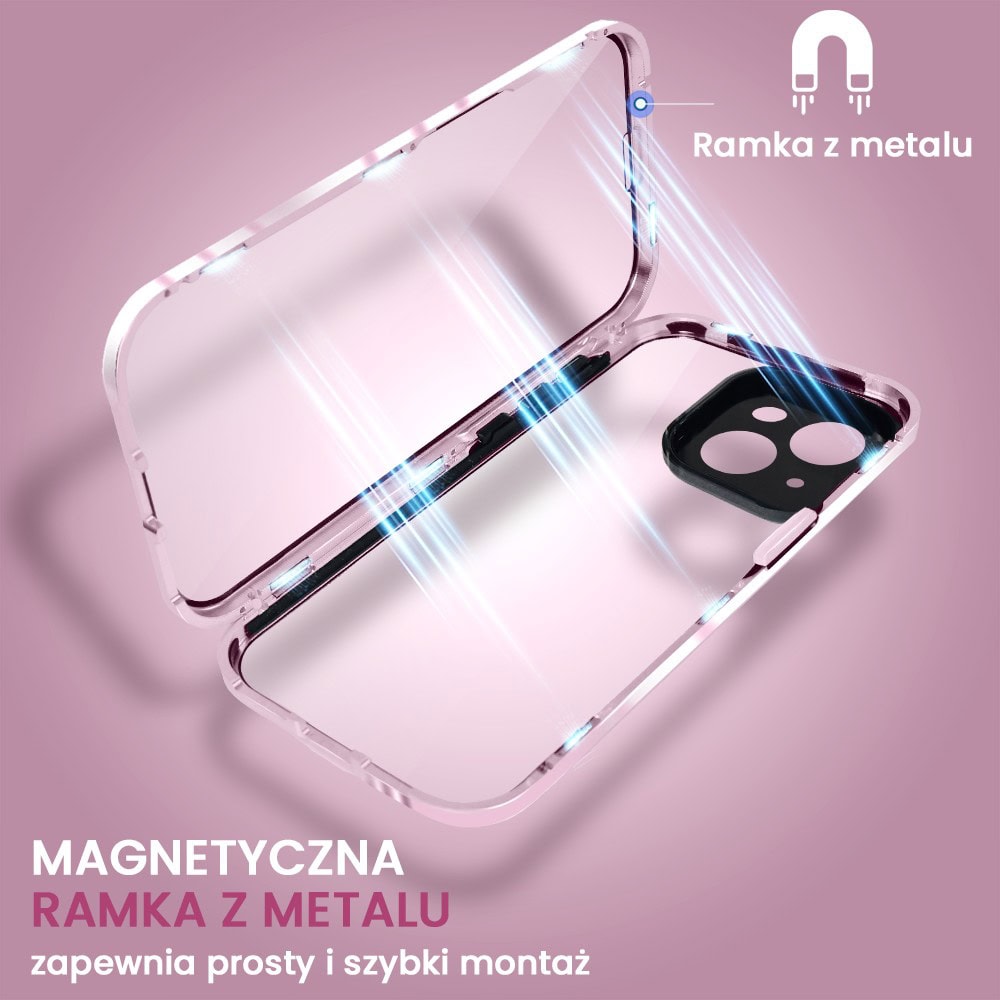 obudowa do iphone 14 pancerna szyba i aluminium 360° przód + tył magnetyczna, z osłoną aparatu, różowa