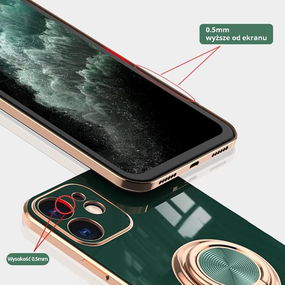Etui do iPhone 12 eleganckie, ze złotym metalowym uchwytem i zdobieniami, z osłoną na aparat, złoty róż (OUTLET)