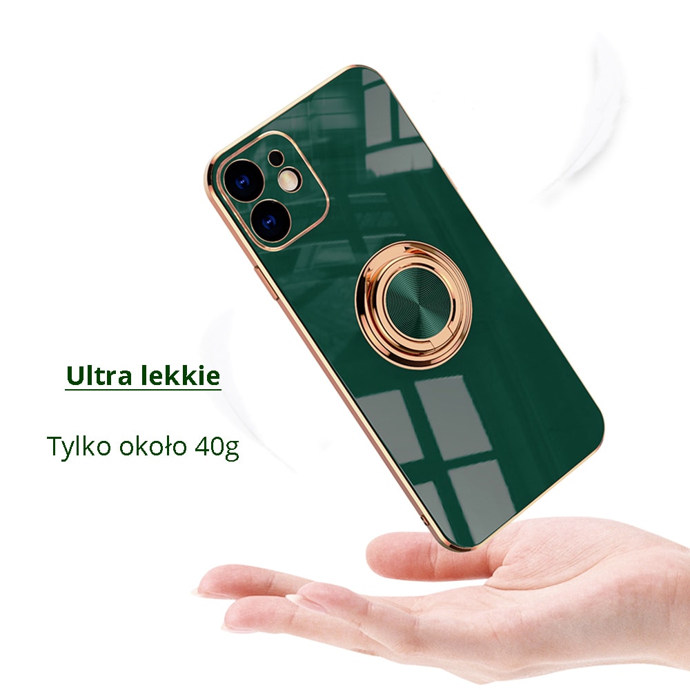 Etui do iPhone 12 eleganckie, ze złotym metalowym uchwytem i zdobieniami, z osłoną na aparat, złoty róż (OUTLET)