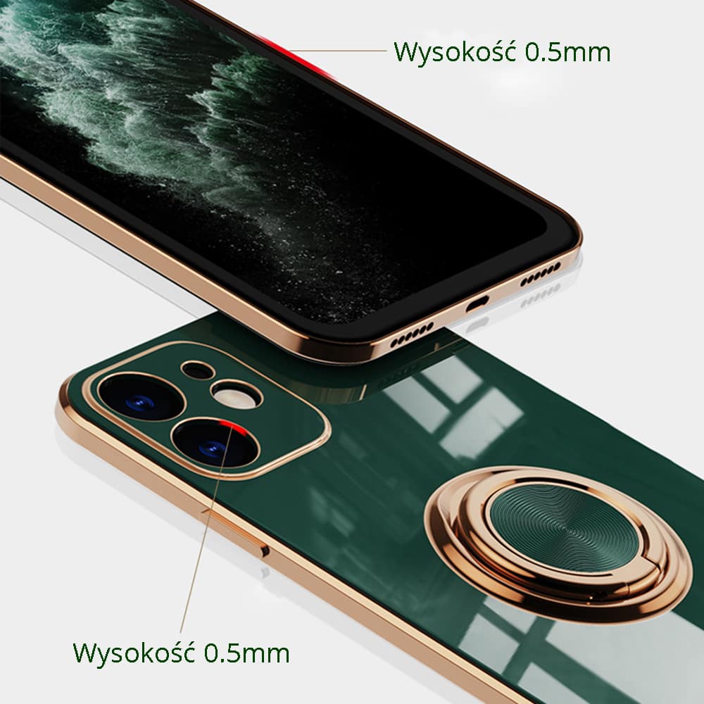 Etui do iPhone 12 eleganckie, ze złotym metalowym uchwytem i zdobieniami, z osłoną na aparat, złoty róż (OUTLET)