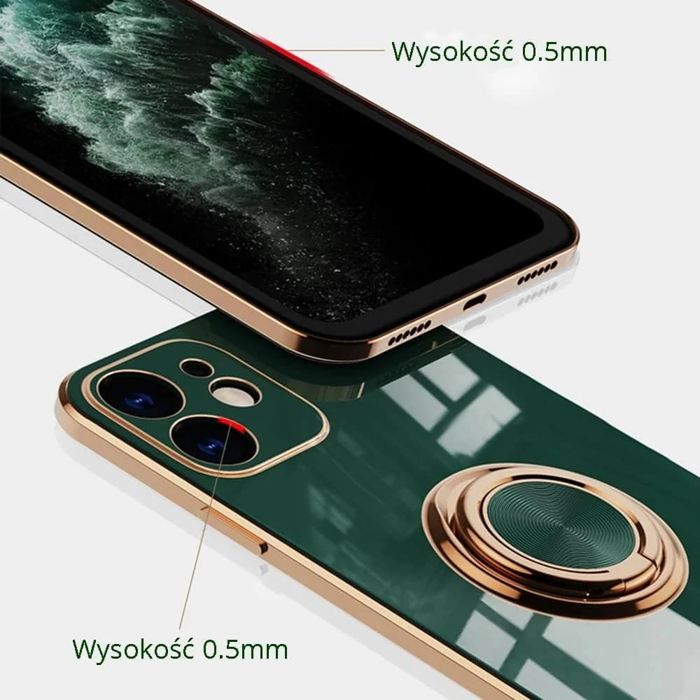 Etui do iPhone 12 Pro eleganckie, ze złotym, metalowym uchwytem i zdobieniami, osłona na aparat, pudrowy róż