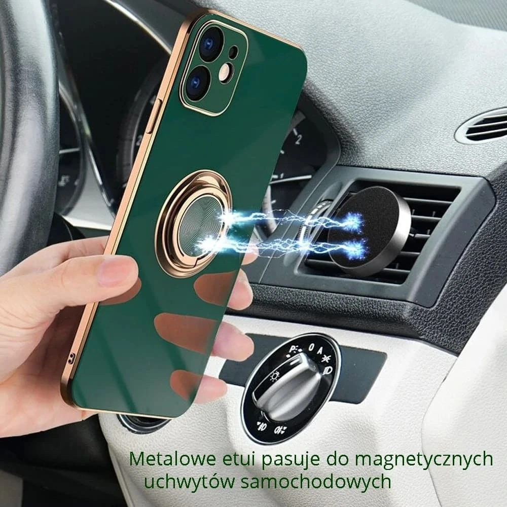 Etui do iPhone 12 Pro eleganckie, ze złotym, metalowym uchwytem i zdobieniami, osłona na aparat, pudrowy róż