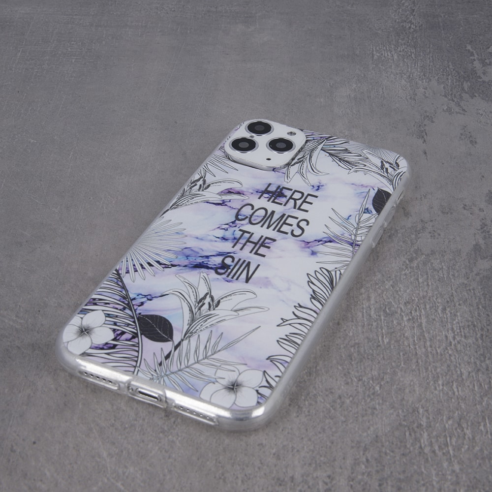 Etui do iPhone 11 Pro marmurkowe z napisem i biało-czarnym kwiatowym wzorem