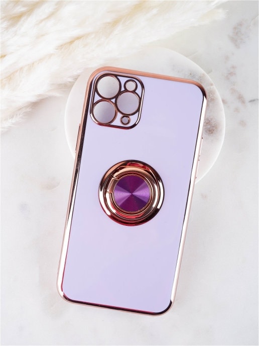 Etui do iPhone 11 Pro eleganckie, ze złotym, metalowym uchwytem i zdobieniami, osłona na aparat, fioletowe liliowe
