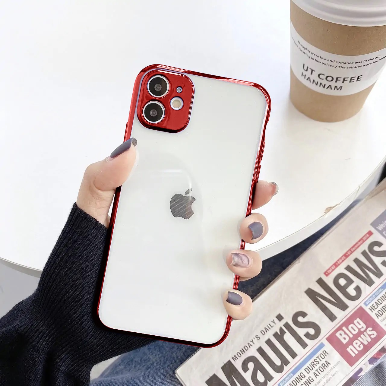 Etui JETech ochronne do iPhone 12 przeźroczysty tył HD czerwony kolor ramki