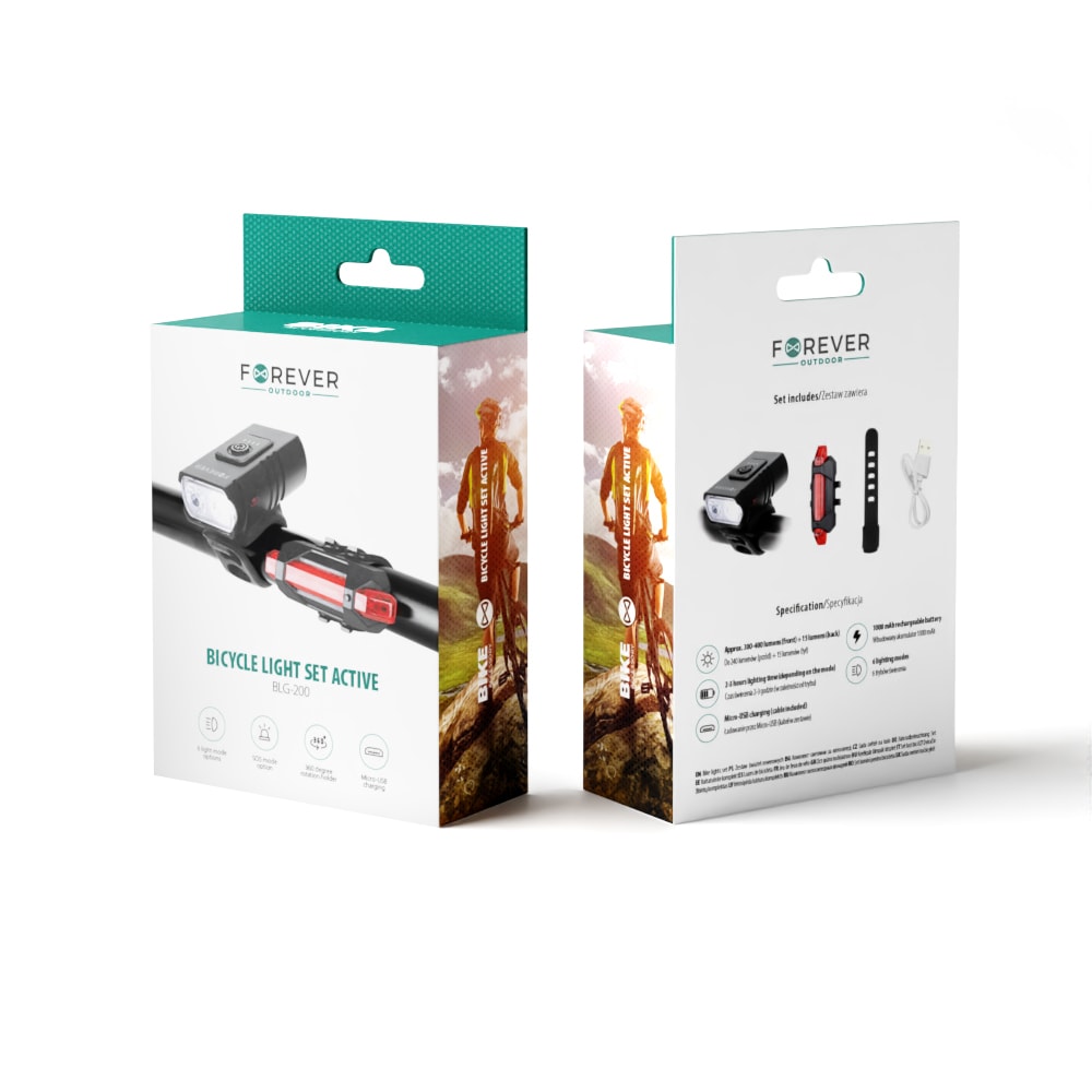 Zestaw lampek rowerowych, duża bateria + kabel do ładowania Micro USB