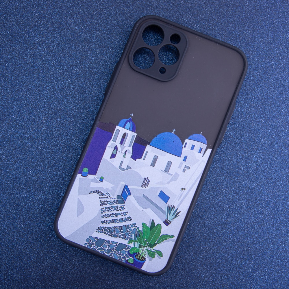 Etui do iPhone 12 Grecja Oia Santorini, matowe półprzeźroczyste, czarne