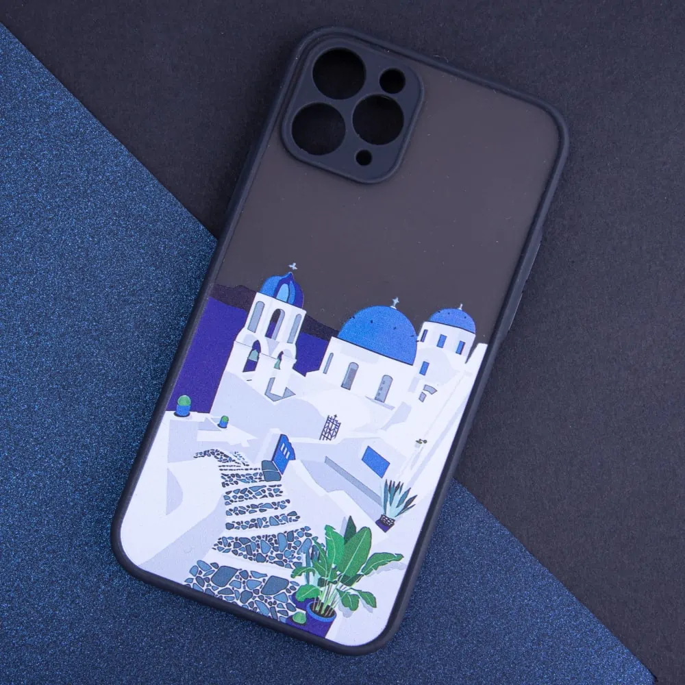 Etui do iPhone 12 Grecja Oia Santorini, matowe półprzeźroczyste, czarne