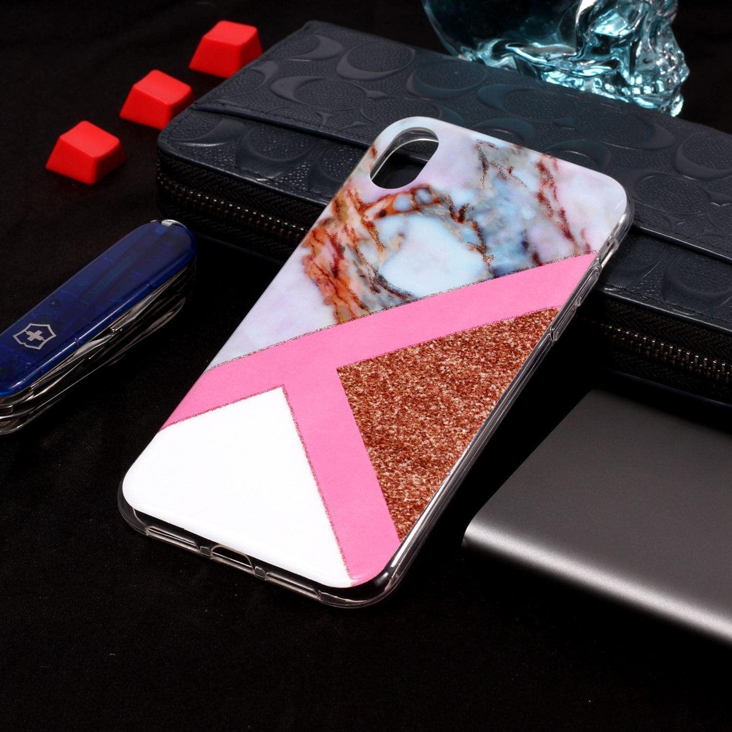 Etui do iPhone X/XS silikonowe brokatowe marmurowe białe