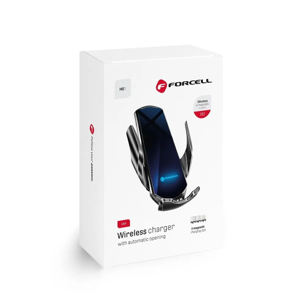 Uchwyt ładujący bezprzewodowo, automatyczny do kratki i na szybę, adaptery magnetyczne do ładowania przewodowego, czarny