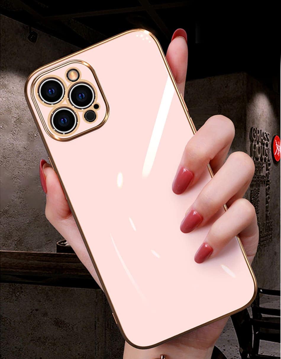 Etui do iPhone 12 Pro luksusowe ze złotą ramką, pudrowy róż