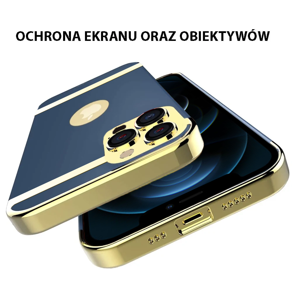 Etui do iPhone 12 Pro eleganckie cienkie ze zdobieniami i widocznym logo, niebieskie