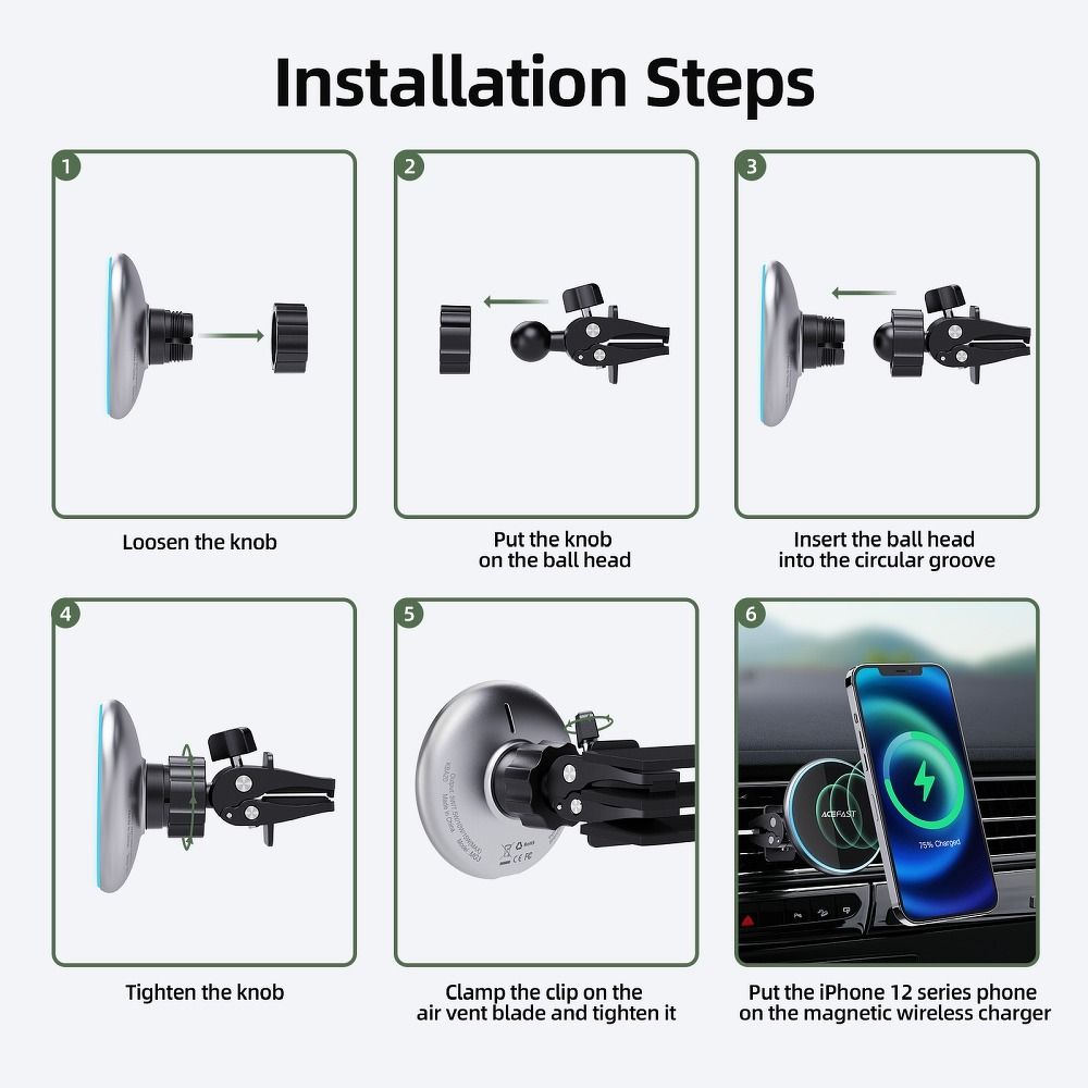 Uchwyt ładujący z MagSafe, szybkie ładowanie bezprzewodowe 15W, do kratki