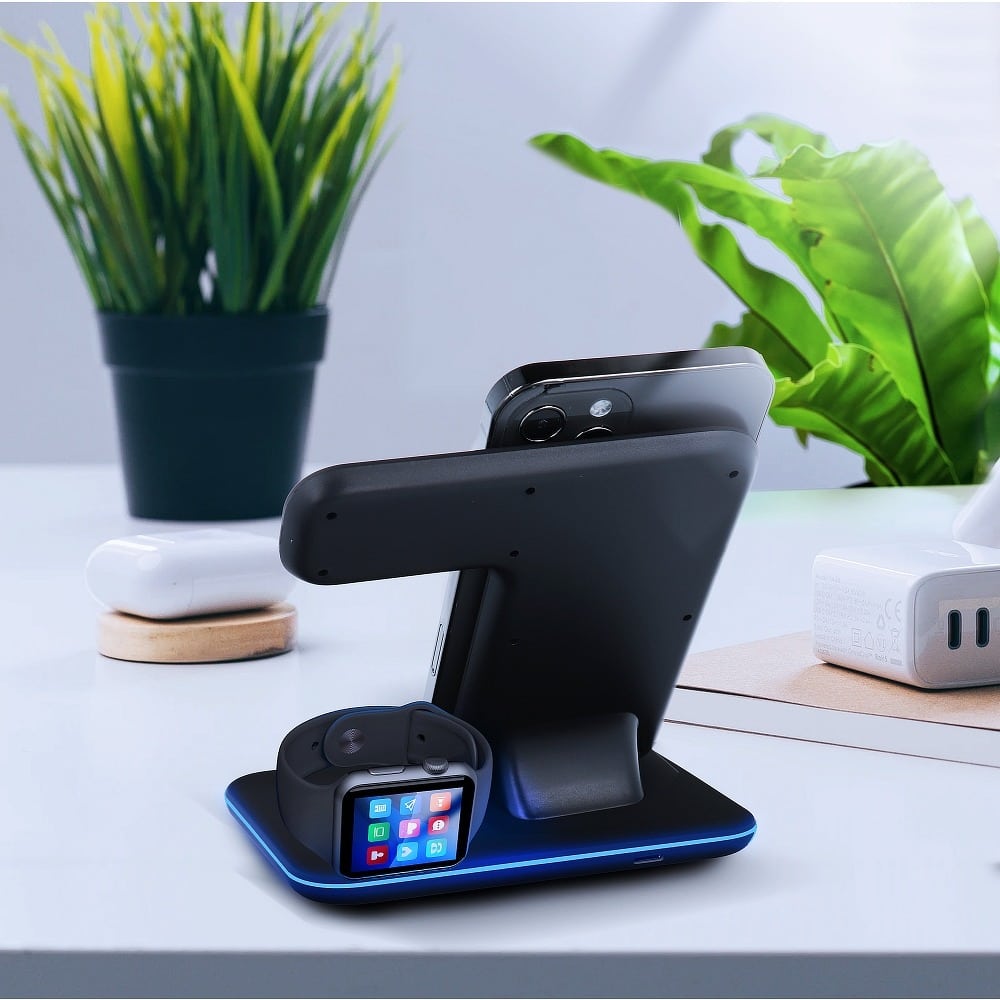 Ładowarka 3w1 iPhone / Apple Watch / Airpods szybka 15W z podświetleniem, czarna