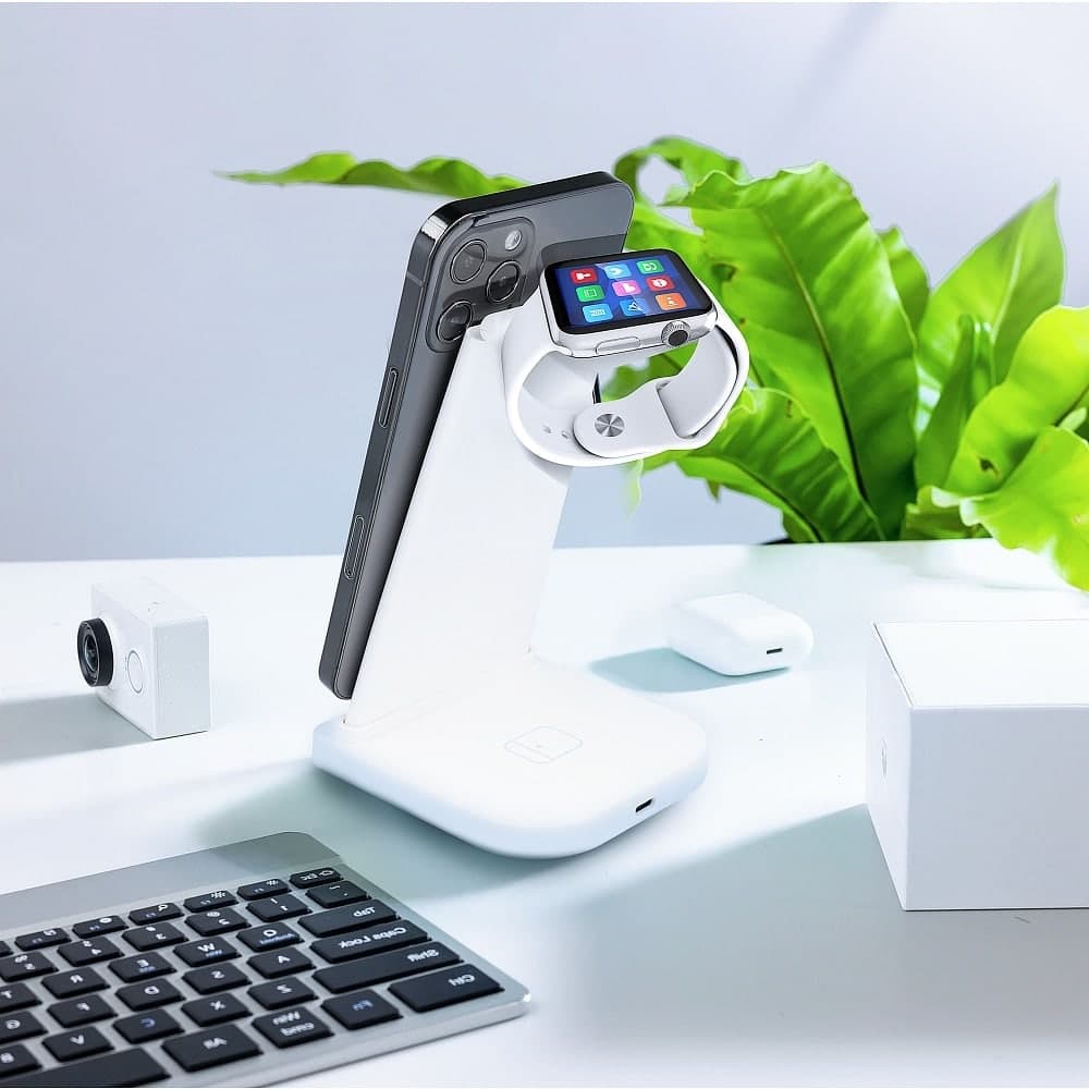 Ładowarka bezprzewodowa indukcyjna 3w1 iPhone, Apple Watch, AirPods, biała