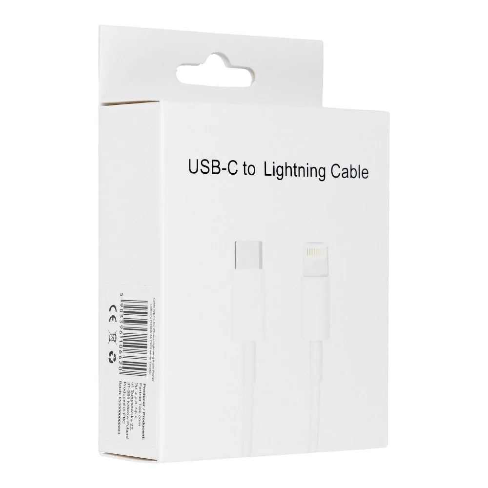 Kabel USB Typ C – Lightning, do szybkiego ładowania i transmisji danych, PD20W, 1 metr, biały