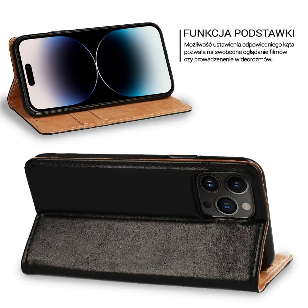 Etui do iPhone 14 Pro Max zamykane, eleganckie skórzane, czarne