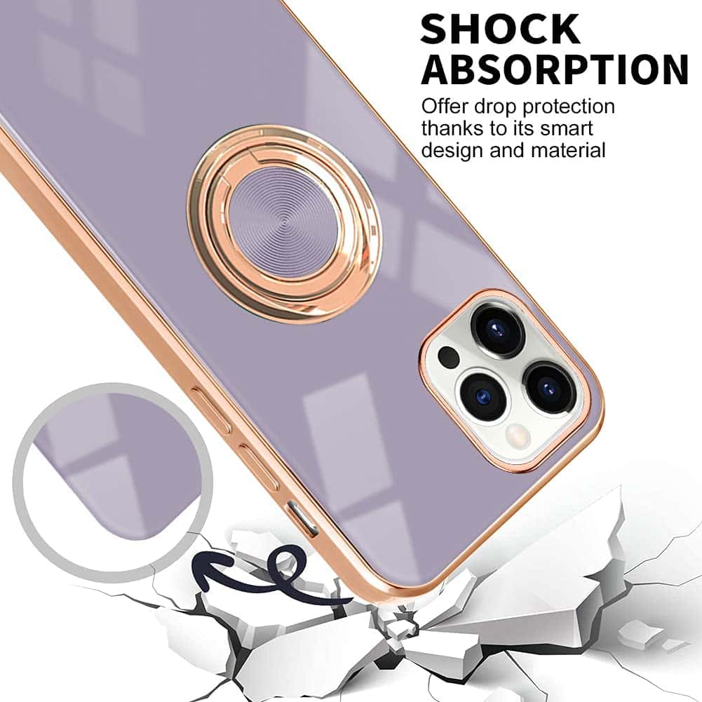 Etui do iPhone 13 Pro Max eleganckie, ze złotym, metalowym uchwytem i zdobieniami, fioletowy