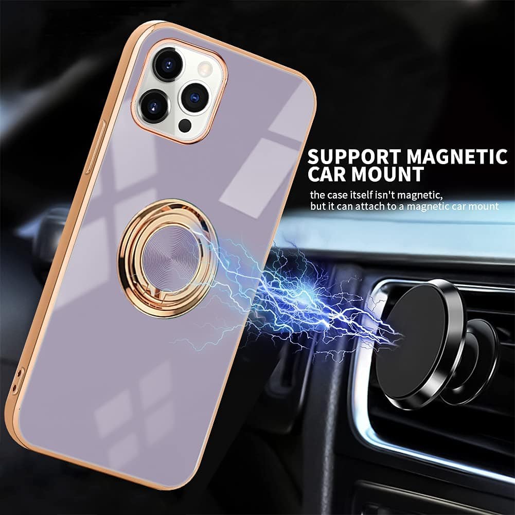 Etui do iPhone 13 Pro Max eleganckie, ze złotym, metalowym uchwytem i zdobieniami, fioletowy