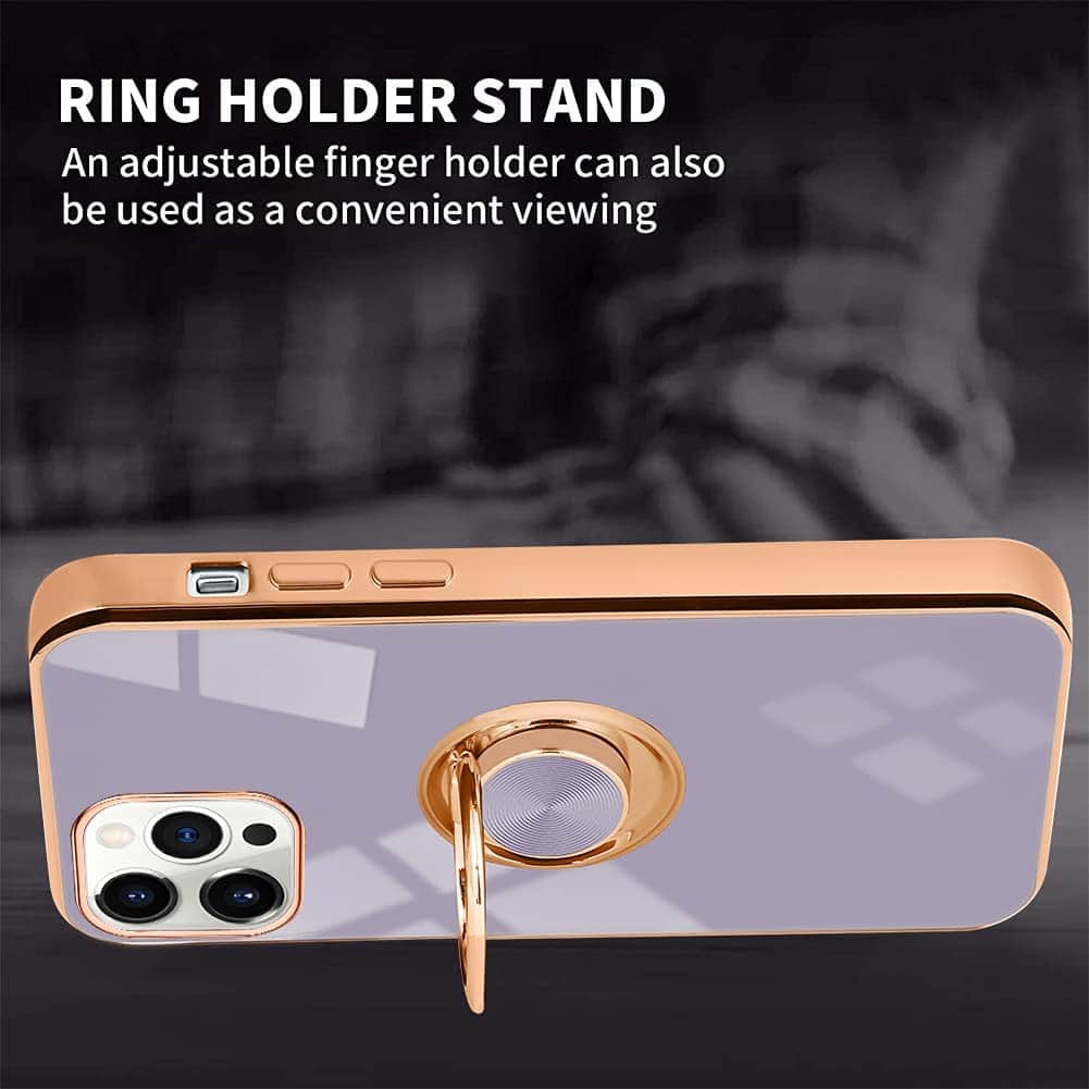 Etui do iPhone 13 Pro Max eleganckie, ze złotym, metalowym uchwytem i zdobieniami, fioletowy