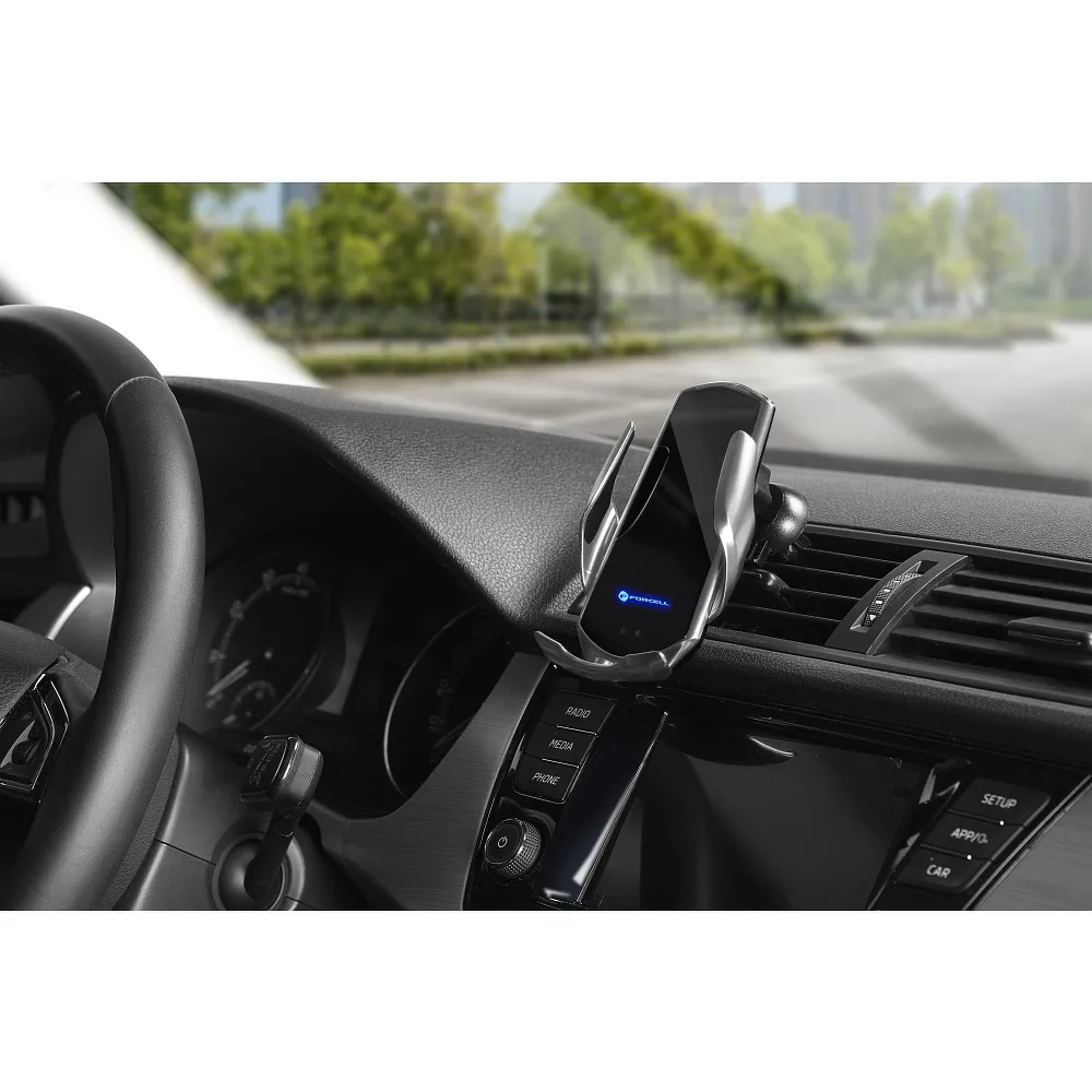 Uchwyt ładujący bezprzewodowo, automatyczny do kratki i na szybę, adaptery magnetyczne do ładowania przewodowego, czarny