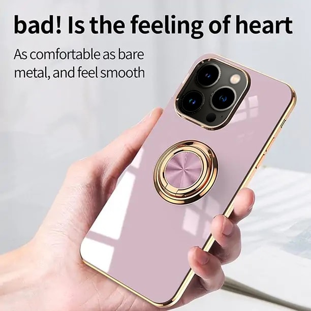 Etui do iPhone 13 Pro Max eleganckie, ze złotym, metalowym uchwytem i zdobieniami, fioletowy