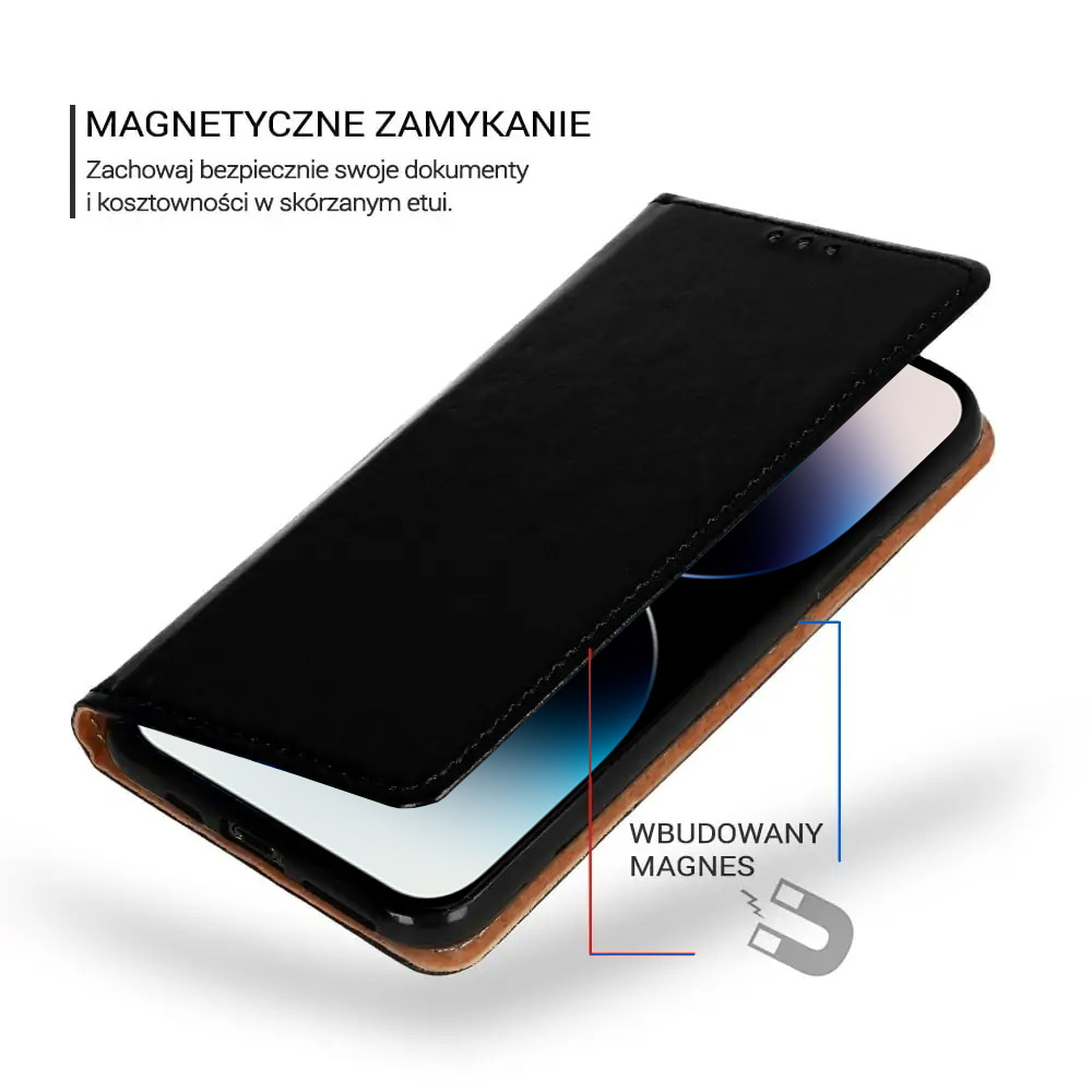 Etui do iPhone 14 Pro Max zamykane, eleganckie skórzane, czarne