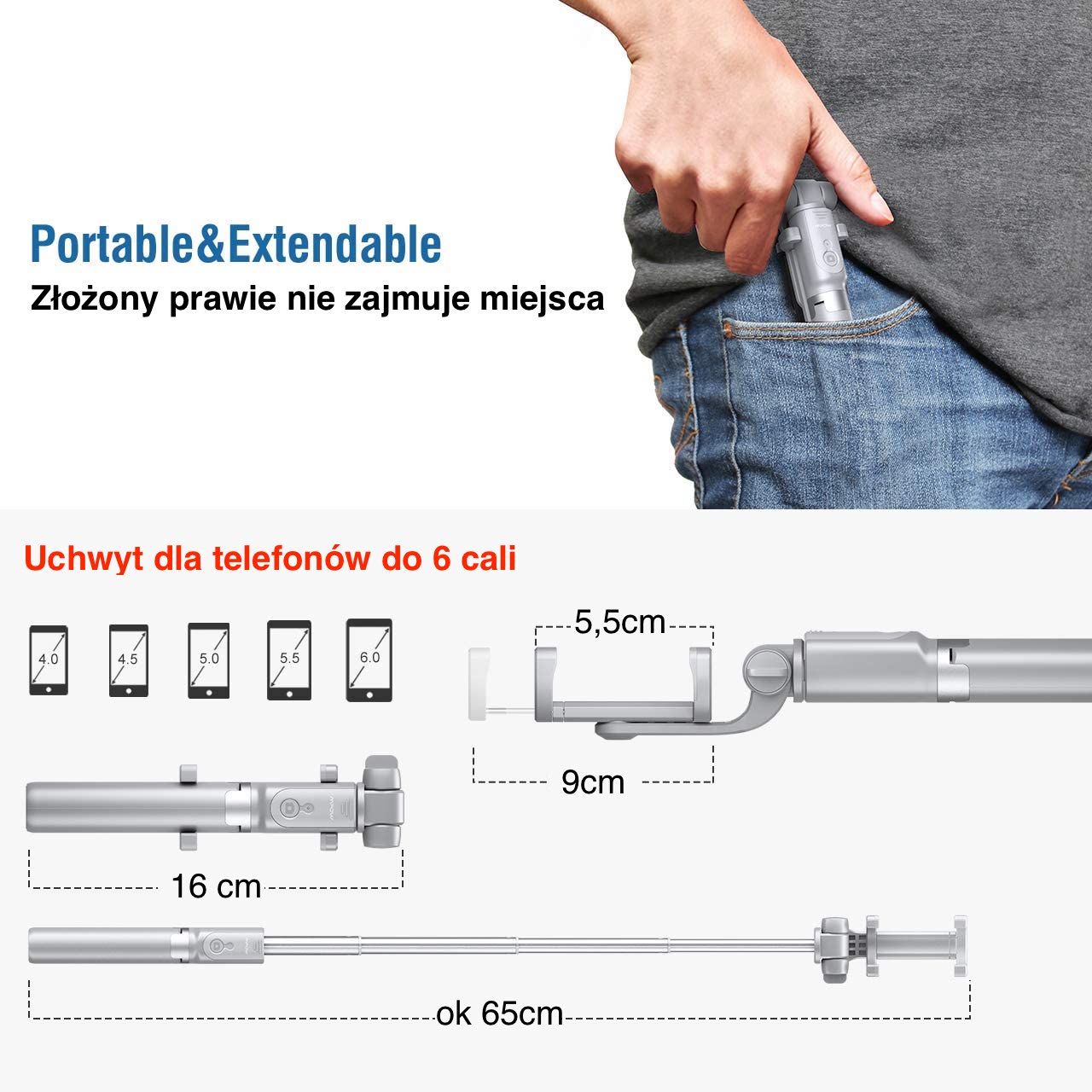Selfie Stick statyw + tripod, składany do iPhone biały z pilotem