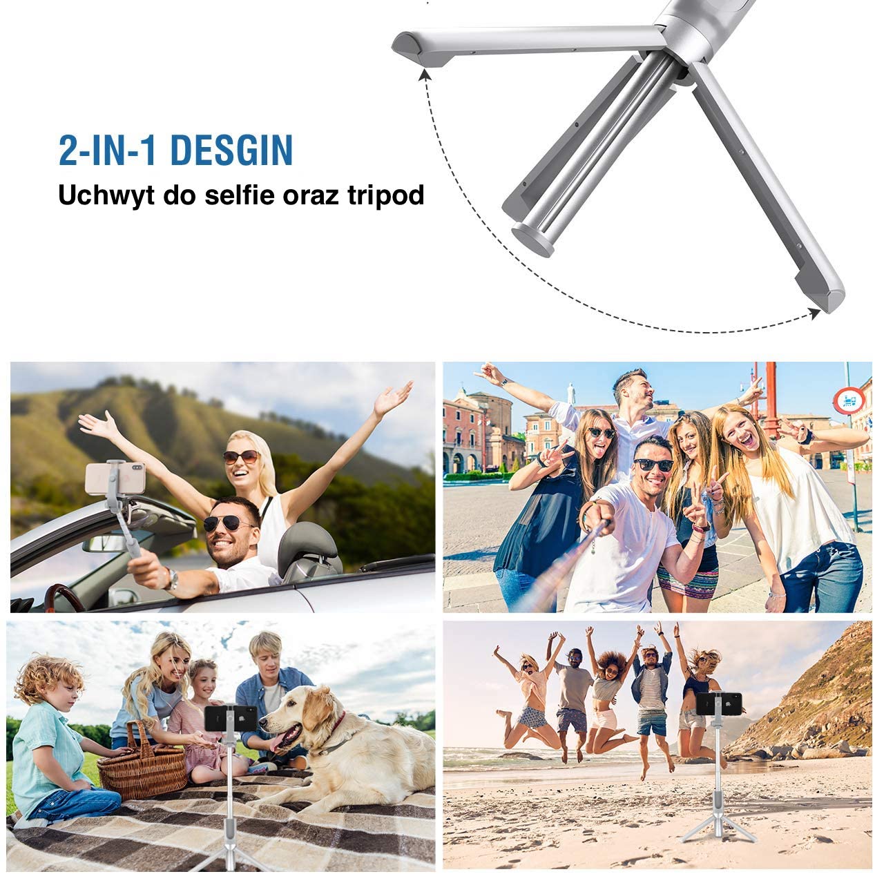 Selfie Stick statyw + tripod, składany do iPhone biały z pilotem