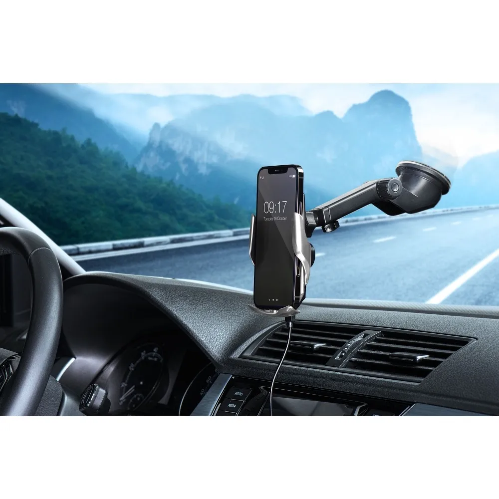 Uchwyt ładujący bezprzewodowo, automatyczny do kratki i na szybę, adaptery magnetyczne do ładowania przewodowego, czarny