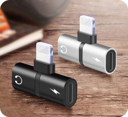 Rozdzielacz 2w1 do iPhone słuchawki + ładowarka czarny