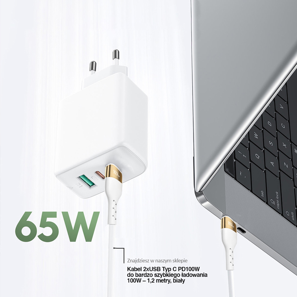 Ładowarka sieciowa 3w1 GaN 65W PD QC4.0 2 x USB Typ C + USB Typ A