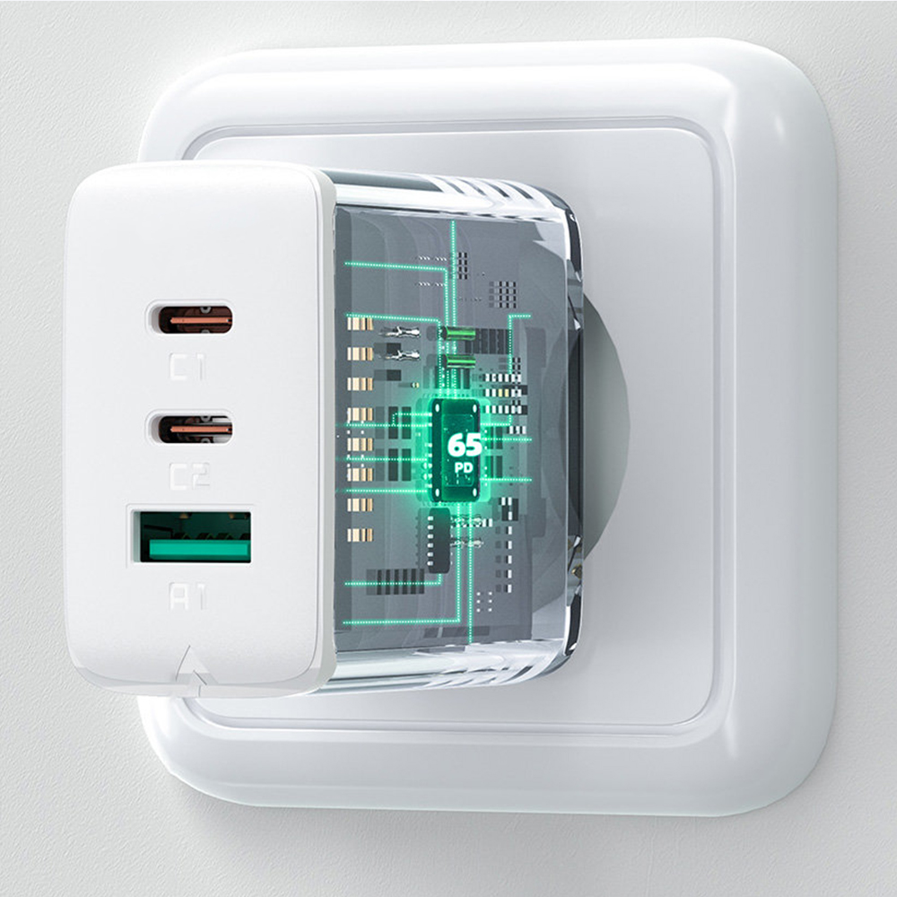 Ładowarka sieciowa 3w1 GaN 65W PD QC4.0 2 x USB Typ C + USB Typ A