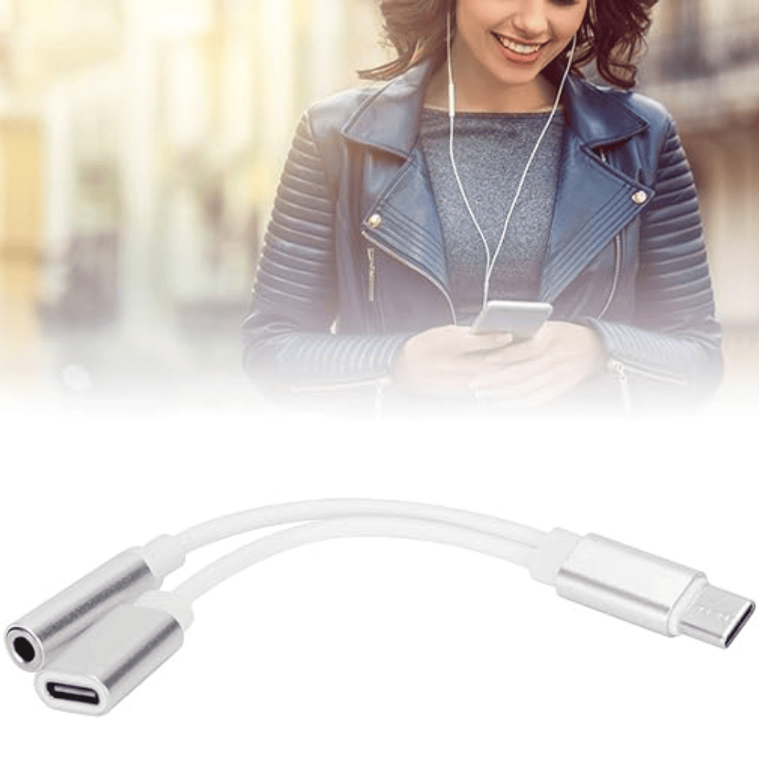 Adapter rozdzielacz USB typ C do iPhone 15 (wszystkie modele), 2w1 ładowanie i audio, srebrny