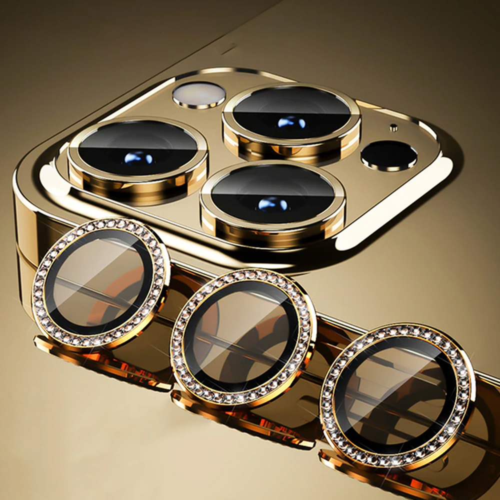 Luksusowa diamentowa osłona obiektywów, szkło na aparat iPhone 14 Pro, złote
