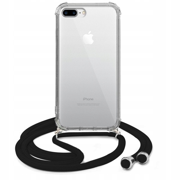 Etui do iPhone 7 Plus/8 Plus wzmacniane crossbody z czarną smyczą jak torebka, przeźroczyste