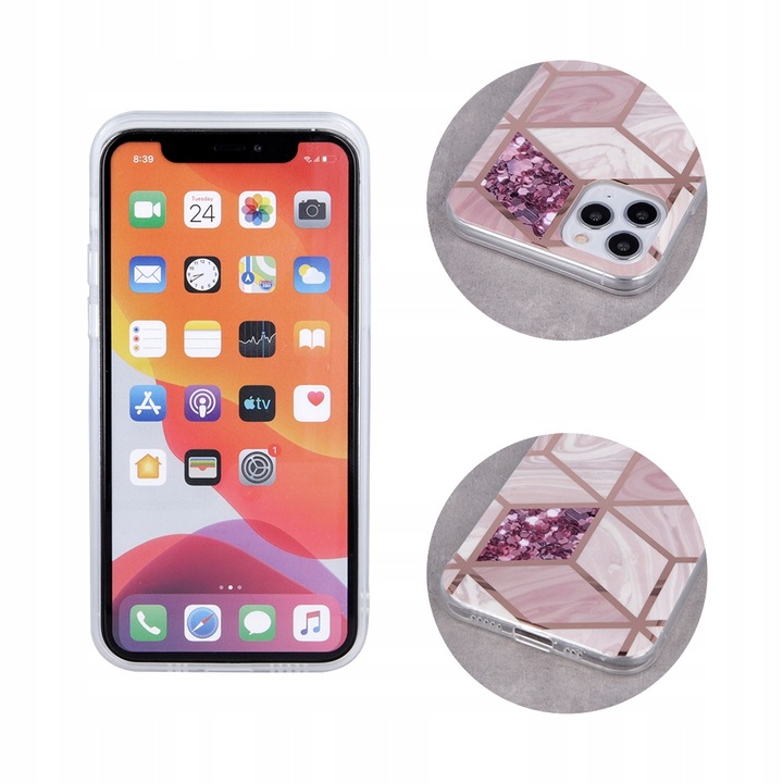 Etui do iPhone 12 Pro marmurkowe geometryczne mozaika ze złotem, różowe