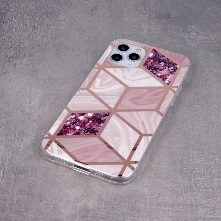 Etui do iPhone 12 Pro marmurkowe geometryczne mozaika ze złotem, różowe