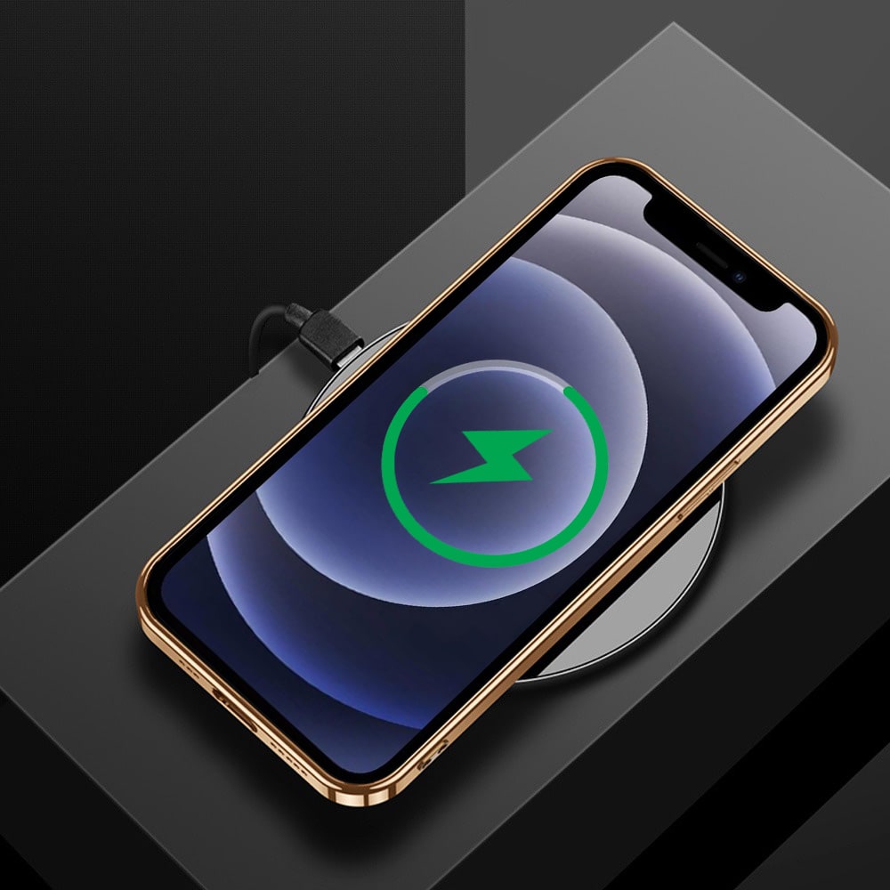 Etui do iPhone 12 Mini eleganckie luksusowe skórzane czarne ze złotem