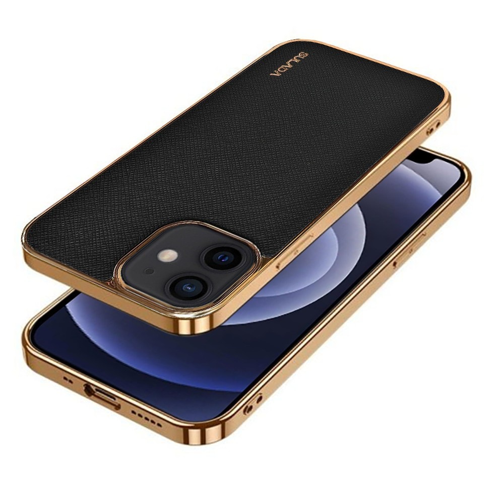 Etui do iPhone 12 Mini eleganckie luksusowe skórzane czarne ze złotem