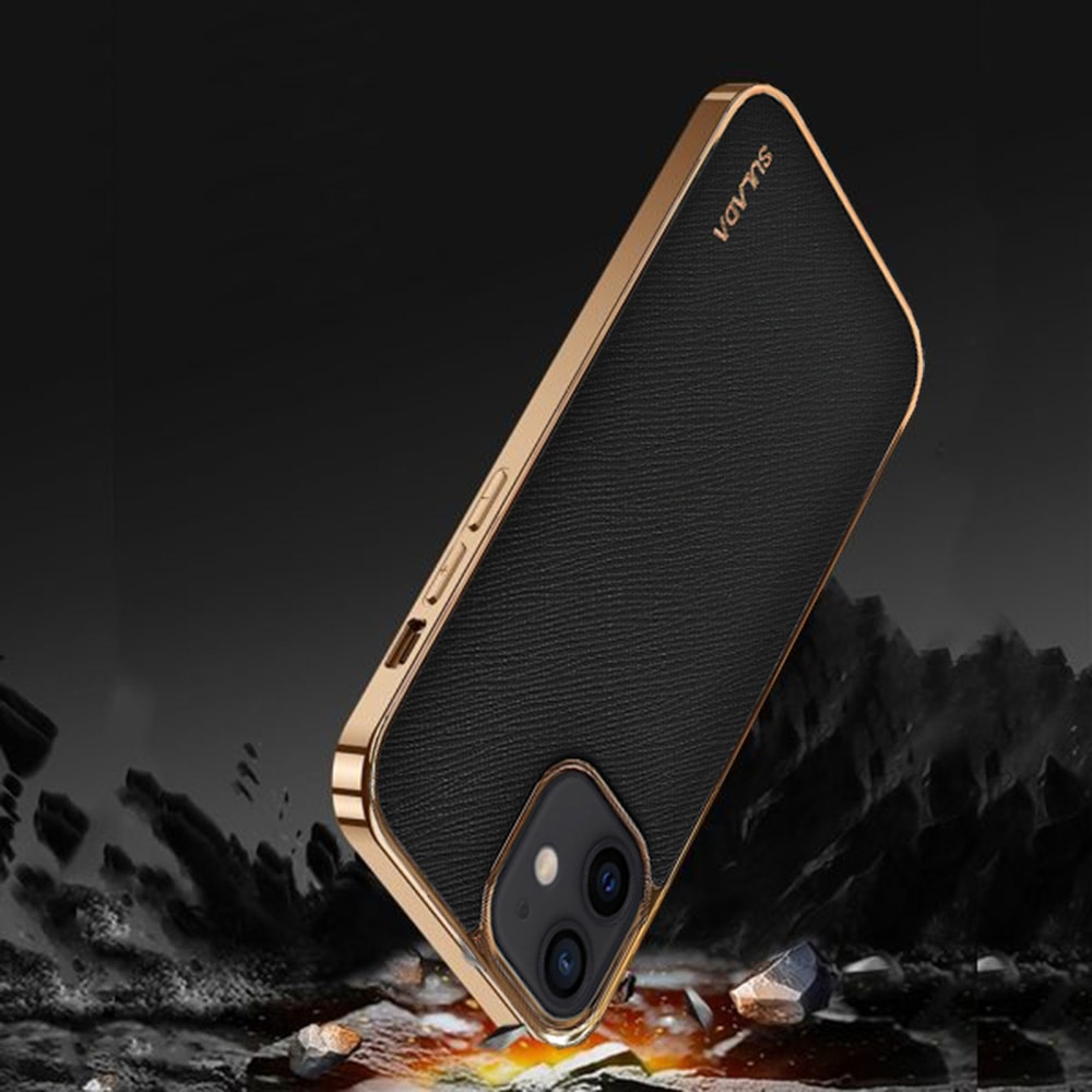 Etui do iPhone 12 Mini eleganckie luksusowe skórzane czarne ze złotem