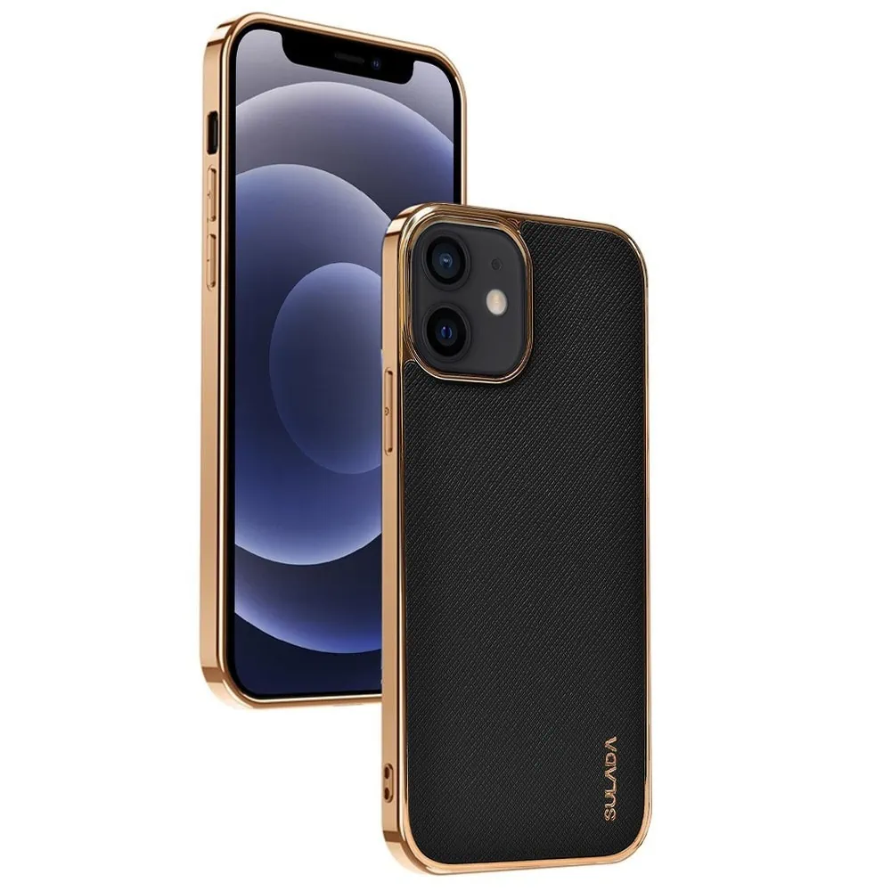 Etui do iPhone 12 Mini eleganckie luksusowe skórzane czarne ze złotem
