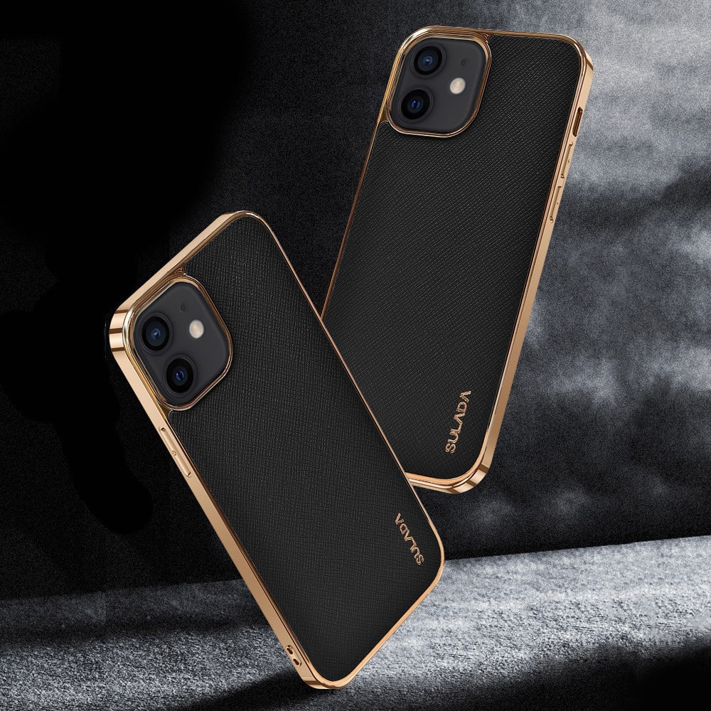 Etui do iPhone 12 Mini eleganckie luksusowe skórzane czarne ze złotem