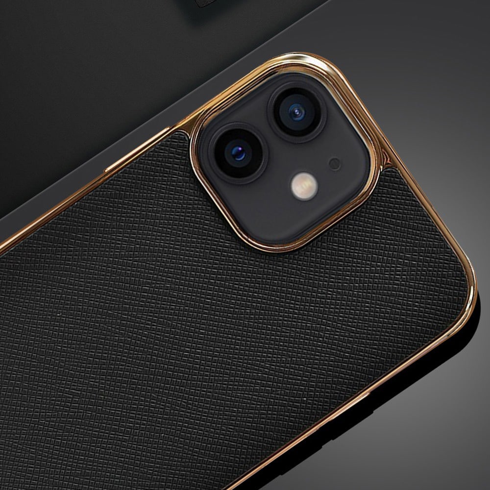 Etui do iPhone 12 Mini eleganckie luksusowe skórzane czarne ze złotem