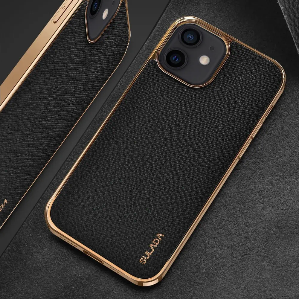 Etui do iPhone 12 Mini eleganckie luksusowe skórzane czarne ze złotem