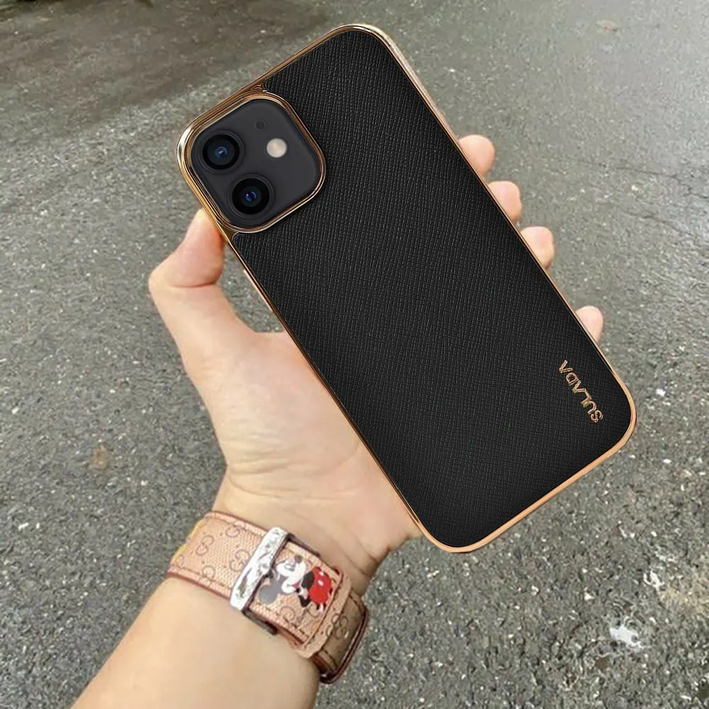 Etui do iPhone 12 Mini eleganckie luksusowe skórzane czarne ze złotem